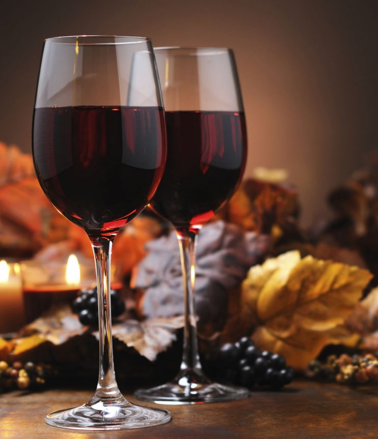 Autumn decoration with wine in brown - selective focus